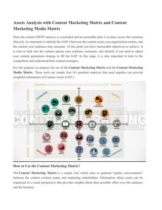 Assets Analysis with Content Marketing Matrix and Content
Marketing Media Matrix
Once the content SWOT analysis is concluded and an actionable plan is in place across the customer
lifecycle, its important to identify the GAP’s between the content assets you organization creates, and
the content your audience may consume. At this point you have measurable objectives to achieve. It
is time to look into the content spectre your audience consumes, and identify if you need to adjust
your content generation strategy to fill the GAP. In this stage, it is also important to look to the
competition and understand their content strategies.
For this purpose we propose the use of the Content Marketing Matrix and the Content Marketing
Media Matrix. These tools are simple four (4) quadrant matrixes that used together can provide
insightful information of Content Assets GAP’s.
How to Use the Content Marketing Matrix?
The Content Marketing Matrix is a simple tool which aims to generate “quality conversations”
between the content creation teams and marketing stakeholders. Information about assets can be
organized in a visual perspective that provides insights about their possible effect over the audience
and the business.
 