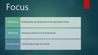Focus
Reshaping the way people look at the cake/dessert marketReshaping
Attracting customers across all age groupsAttracting
Transforming the app into a brandTransforming
 