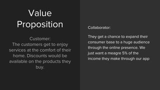Value
Proposition
Customer:
The customers get to enjoy
services at the comfort of their
home. Discounts would be
available on the products they
buy.
Collaborator:
They get a chance to expand their
consumer base to a huge audience
through the online presence. We
just want a meagre 5% of the
income they make through our app
 
