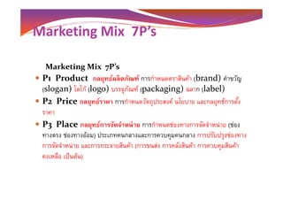 Marketing Mix 7P’s
P1 Product กลยุทธ์ผลิตภัณฑ์ การกําหนดตราสินค้า (brand) คําขวัญ
(slogan) โลโก้ (logo) บรรจุภัณฑ์ (packaging) ฉลาก (label)
P2 Price กลยุทธ์ราคา การกําหนดวัตถุประสงค์ นโยบาย และกลยุทธ์การตั-ง
Marketing Mix 7P’s
P2 Price กลยุทธ์ราคา การกําหนดวัตถุประสงค์ นโยบาย และกลยุทธ์การตั-ง
ราคา
P3 Place กลยุทธ์การจัดจําหน่าย การกําหนดช่องทางการจัดจําหน่าย (ช่อง
ทางตรง ช่องทางอ้อม) ประเภทคนกลางและการควบคุมคนกลาง การปรับปรุงช่องทาง
การจัดจําหน่าย และการกระจายสินค้า (การขนส่ง การคลังสินค้า การควบคุมสินค้า
คงเหลือ เป็นต้น)
 