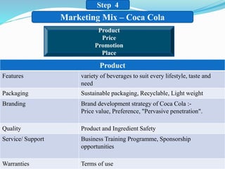 Step 4
Marketing Mix – Coca Cola
Product
Features variety of beverages to suit every lifestyle, taste and
need
Packaging Sustainable packaging, Recyclable, Light weight
Branding Brand development strategy of Coca Cola :-
Price value, Preference, "Pervasive penetration".
Quality Product and Ingredient Safety
Service/ Support Business Training Programme, Sponsorship
opportunities
Warranties Terms of use
Product
Price
Promotion
Place
 