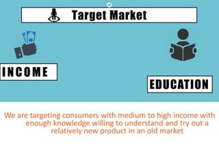 Target Market
We are targeting consumers with medium to high income with
enough knowledge willing to understand and try out a
relatively new product in an old market
INCOME
EDUCATION
 