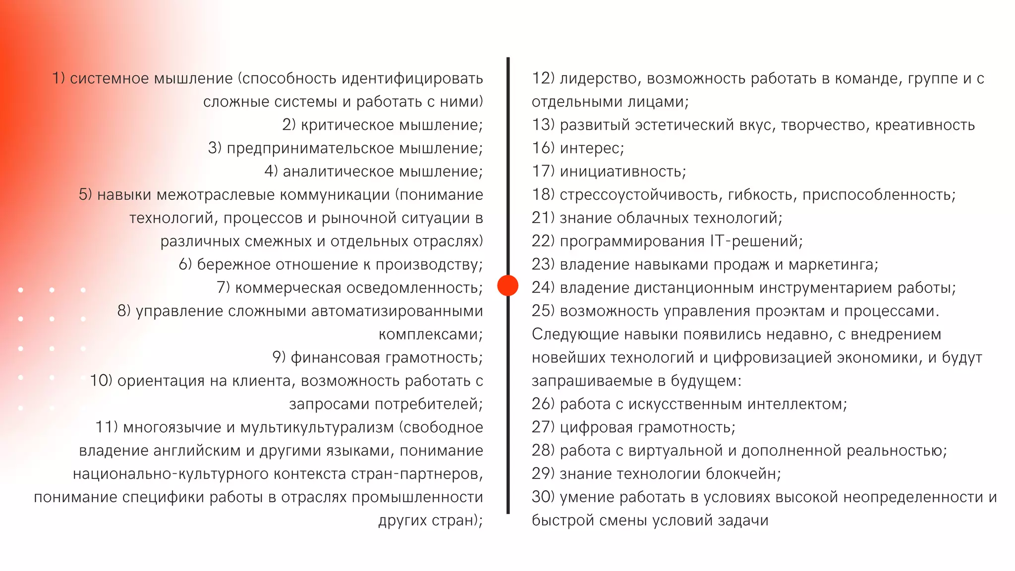 1) с с емное м ен е (с особнос ен ф ро а
с о н е с с ем рабо а с н м )
2) р чес ое м ен е;
3) ре р н ма е с ое м ен е;
4) ана чес ое м ен е;
5) на ме о рас е е оммун а ( он ман е
ехно о , ро ессо р ночно с уа
ра чн х сме н х о е н х о рас ях)
6) бере ное о но ен е ро о с у;
7) оммерчес ая ос е ом еннос ;
8) у ра ен е с о н м а ома ро анн м
ом е сам ;
9) ф нансо ая рамо нос ;
10) ор ен а я на ен а, о мо нос рабо а с
а росам о реб е е ;
11) мно оя ч е му у ура м (с обо ное
а ен е ан с м ру м я ам , он ман е
на она но- у урно о он е с а с ран- ар неро ,
он ман е с е ф рабо о рас ях ром еннос
ру х с ран);
12) ерс о, о мо нос рабо а оман е, ру е с
о е н м ам ;
13) ра эс е чес ус, орчес о, реа нос
16) н ерес;
17) н а нос ;
18) с рессоус о ч ос , б ос , р с особ еннос ;
21) нан е об ачн х ехно о ;
22) ро рамм ро ан я IT-ре ен ;
23) а ен е на ам ро а мар е н а;
24) а ен е с ан онн м нс румен ар ем рабо ;
25) о мо нос у ра ен я роэ ам ро ессам .
С е у е на оя с не а но, с не рен ем
но е х ехно о фро а е э оном , бу у
а ра аем е бу у ем:
26) рабо а с с усс енн м н е е ом;
27) фро ая рамо нос ;
28) рабо а с р уа но о о ненно реа нос ;
29) нан е ехно о б о че н;
30) умен е рабо а ус о ях со о нео ре е еннос
б с ро смен ус о а ач
 