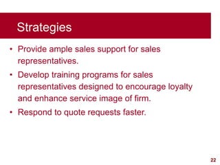 22
visit: www.studyMarketing.org
Strategies
• Provide ample sales support for sales
representatives.
• Develop training pr...