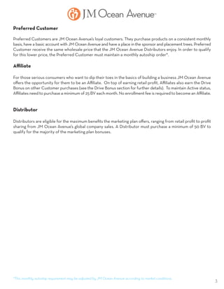 3
Preferred Customer
Preferred Customers are JM Ocean Avenue’s loyal customers. They purchase products on a consistent monthly
basis, have a basic account with JM Ocean Avenue and have a place in the sponsor and placement trees. Preferred
Customer receive the same wholesale price that the JM Ocean Avenue Distributors enjoy. In order to qualify
for this lower price, the Preferred Customer must maintain a monthly autoship order*.
Affiliate
For those serious consumers who want to dip their toes in the basics of building a business JM Ocean Avenue
offers the opportunity for them to be an Affiliate. On top of earning retail profit, Affiliates also earn the Drive
Bonus on other Customer purchases (see the Drive Bonus section for further details). To maintain Active status,
Affiliates need to purchase a minimum of 25 BV each month. No enrollment fee is required to become an Affiliate.
Distributor
Distributors are eligible for the maximum benefits the marketing plan offers, ranging from retail profit to profit
sharing from JM Ocean Avenue’s global company sales. A Distributor must purchase a minimum of 50 BV to
qualify for the majority of the marketing plan bonuses.
*This monthly autoship requirement may be adjusted by JM Ocean Avenue according to market conditions.
 