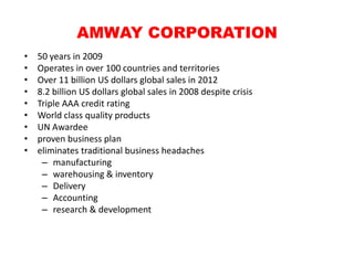 AMWAY CORPORATION
•   50 years in 2009
•   Operates in over 100 countries and territories
•   Over 11 billion US dollars global sales in 2012
•   8.2 billion US dollars global sales in 2008 despite crisis
•   Triple AAA credit rating
•   World class quality products
•   UN Awardee
•   proven business plan
•   eliminates traditional business headaches
     – manufacturing
     – warehousing & inventory
     – Delivery
     – Accounting
     – research & development
 