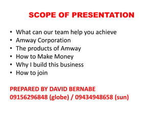 SCOPE OF PRESENTATION

•   What can our team help you achieve
•   Amway Corporation
•   The products of Amway
•   How to Make Money
•   Why I build this business
•   How to join

PREPARED BY DAVID BERNABE
09156296848 (globe) / 09434948658 (sun)
 