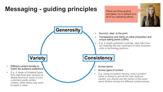 Messaging - guiding principles
Generosity
Variety Consistency
• Succinct, clear, to the point
• Transparency and clarity o...
