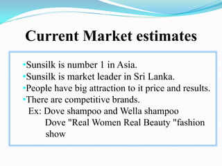 Current Market estimates
•Sunsilk is number 1 in Asia.
•Sunsilk is market leader in Sri Lanka.
•People have big attraction to it price and results.
•There are competitive brands.
Ex: Dove shampoo and Wella shampoo
Dove "Real Women Real Beauty "fashion
show
 