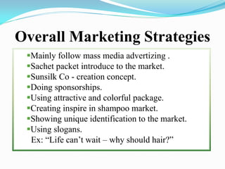 Overall Marketing Strategies
Mainly follow mass media advertizing .
Sachet packet introduce to the market.
Sunsilk Co - creation concept.
Doing sponsorships.
Using attractive and colorful package.
Creating inspire in shampoo market.
Showing unique identification to the market.
Using slogans.
Ex: “Life can’t wait – why should hair?”
 
