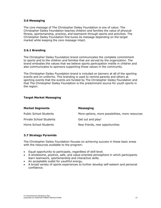 3.6 Messaging

The core message of The Christopher Dailey Foundation is one of value: The
Christopher Dailey Foundation teaches children and families the value of physical
fitness, sportsmanship, practice, and teamwork through sports and activities. The
Christopher Dailey Foundation fine-tunes its message depending on the target
market while keeping the core message intact.


3.6.1 Branding

The Christopher Dailey Foundation brand communicates the complete commitment
to sports and to the children and families that are served by the organization. The
brand embodies the values that we believe sports participation instills in children and
also communicates to sponsors supporting those values in the community.

The Christopher Dailey Foundation brand is included on banners at all of the sporting
events and on uniforms. This branding is used to remind parents and others at
sporting events that the events are funded by The Christopher Dailey Foundation and
that The Christopher Dailey Foundation is the predominant source for youth sports in
the region.



Target Market Messaging



Market Segments                          Messaging

Public School Students                   More options, more possibilities, more resources

Private School Students                  Get out and play!

Home School Students                     New friends, new opportunities



3.7 Strategy Pyramids

The Christopher Dailey Foundation focuses on achieving success in these basic areas
with the resources available to the program:

•   Equal opportunity to participate, regardless of skill level.
•   A wholesome, positive, safe, and value-oriented atmosphere in which participants
    learn teamwork, sportsmanship and interactive skills.
•   An acceptable outlet for youthful energy.
•   A broad variety of sports experiences to further develop self-esteem and personal
    confidence.




A Comprehensive Marketing Plan
presented by PHANTOM POWER PRODUCTIONS                                               15
 