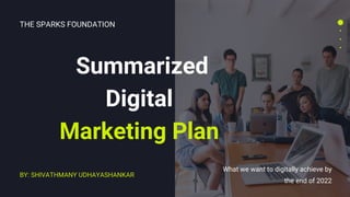 Summarized
Digital
Marketing Plan
BY: SHIVATHMANY UDHAYASHANKAR
What we want to digitally achieve by
the end of 2022
THE SPARKS FOUNDATION
 