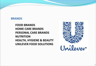 7
 
BRANDS
 
FOOD BRANDS
HOME CARE BRANDS
PERSONAL CARE BRANDS
NUTRITION
HEALTH, HYGIENE & BEAUTY
UNILEVER FOOD SOLUTIONS
 