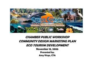 CHAMBER PUBLIC WORKSHOP
COMMUNITY DESIGN MARKETING PLAN
   ECO TOURISM DEVELOPMENT
         November 18, 2006
            Presented by:
           Amy Virgo, CTA
 