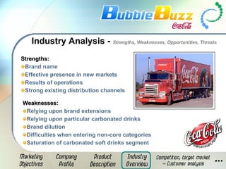 Industry Analysis -  Strengths, Weaknesses, Opportunities, Threats Strengths: Brand name Effective presence in new markets Results of operations Strong existing distribution channels Weaknesses: Relying upon brand extensions Relying upon particular carbonated drinks Brand dilution Difficulties when entering non-core categories Saturation of carbonated soft drinks segment 