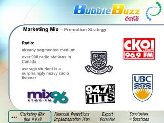 Marketing Mix  – Promotion Strategy Radio:  already segmented medium,  over 900 radio stations in Canada,  average student is a surprisingly heavy radio listener 