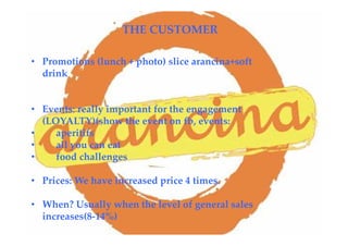 The customer• Promotions (lunch + photo) slice arancina+soft
drink
• Events: really important for the engagement
(LOYALTY)(show the event on fb, events:
• aperitifs
• all you can eat
• food challenges
• Prices: We have increased price 4 times.
• When? Usually when the level of general sales
increases(8-14%)
THE CUSTOMER
 