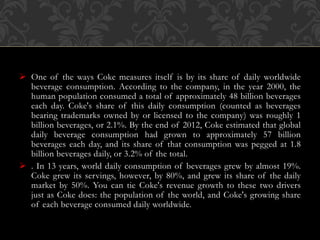  One of the ways Coke measures itself is by its share of daily worldwide
beverage consumption. According to the company, in the year 2000, the
human population consumed a total of approximately 48 billion beverages
each day. Coke's share of this daily consumption (counted as beverages
bearing trademarks owned by or licensed to the company) was roughly 1
billion beverages, or 2.1%. By the end of 2012, Coke estimated that global
daily beverage consumption had grown to approximately 57 billion
beverages each day, and its share of that consumption was pegged at 1.8
billion beverages daily, or 3.2% of the total.
 . In 13 years, world daily consumption of beverages grew by almost 19%.
Coke grew its servings, however, by 80%, and grew its share of the daily
market by 50%. You can tie Coke's revenue growth to these two drivers
just as Coke does: the population of the world, and Coke's growing share
of each beverage consumed daily worldwide.
 