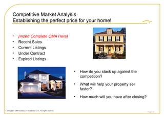 Competitive Market Analysis Establishing the perfect price for your home! [Insert Complete CMA Here] Recent Sales Current Listings Under Contract Expired Listings Page  How do you stack up against the competition? What will help your property sell faster? How much will you have after closing? 