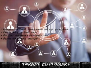 TARGET CUSTOMERS
• Educated, affluent smart phone owning generation.
• People living on their own.
• Patients and health conscious crowd.
• People with hectic lifestyle.
 