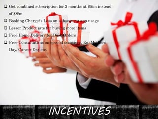 INCENTIVES
 Get combined subscription for 3 months at $5/m instead
of $8/m
 Booking Charge is Less on subsequent app usage
 Lesser Product rate for buying more items
 Free Home Delivery for Bulk Orders
 Free Consultations on special occasions, Eg. Mothers
Day, Cancer Day etc.
 