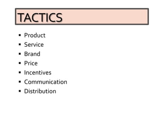 TACTICS
 Product
 Service
 Brand
 Price
 Incentives
 Communication
 Distribution
 