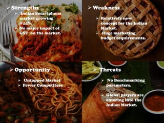 Strengths
 Indian Smartphone
market growing
@14%.
 No major impact of
GST on the market.
Weakness
 Relatively new
concept for the Indian
Market.
 Huge marketing
budget requirements.
 Threats
 No Benchmarking
parameters.
 Global players are
entering into the
Indian Market.
Opportunity
 Untapped Market
 Fewer Competitors
 