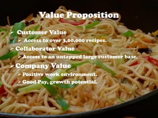 Value Proposition
 Customer Value
 Access to over 3,00,000 recipes.
 Collaborator Value
Access to an untapped large customer base.
Company Value
Positive work environment.
Good Pay, growth potential.
 