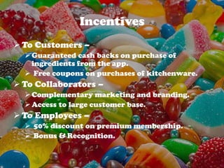 Incentives
 To Customers –
Guaranteed cash backs on purchase of
ingredients from the app.
 Free coupons on purchases of kitchenware.
 To Collaborators –
Complementary marketing and branding.
Access to large customer base.
 To Employees –
 50% discount on premium membership.
 Bonus & Recognition.
 