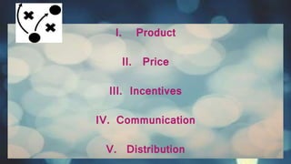I. Product
II. Price
III. Incentives
IV. Communication
V. Distribution
 
