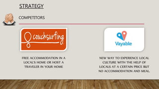 STRATEGY
COMPETITORS
FREE ACCOMMODATION IN A
LOCAL'S HOME OR HOST A
TRAVELER IN YOUR HOME
NEW WAY TO EXPERIENCE LOCAL
CULTURE WITH THE HELP OF
LOCALS AT A CERTAIN PRICE BUT
NO ACCOMMODATION AND MEAL.
 