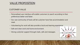 VALUE PROPOSITION
• Personalized user interface will enable customers to search according to their
preferences better and faster.
• Our vast community of hosts will let customer have free accommodation and
meal.
• Volunteering for work will also provide a local and learning experience.
• Safe and clean work and home environment.
• Strong customer support through mails, calls and messages.
CUSTOMER VALUE
 
