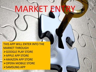 MARKET ENTRY
THIS APP WILL ENTER INTO THE
MARKET THROUGH
GOOGLE PLAY STORE
APPLE APP STORE
AMAZON APP STORE
OPERA MOBILE STORE
SAMSUNG APP
 