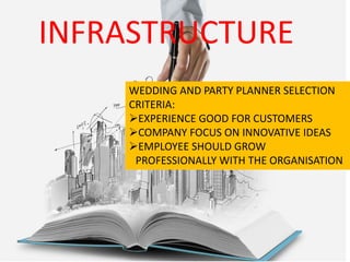 INFRASTRUCTURE
WEDDING AND PARTY PLANNER SELECTION
CRITERIA:
EXPERIENCE GOOD FOR CUSTOMERS
COMPANY FOCUS ON INNOVATIVE IDEAS
EMPLOYEE SHOULD GROW
PROFESSIONALLY WITH THE ORGANISATION
 