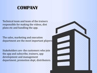 COMPANY
Technical team and team of the trainers
responsible for making the videos, diet
plans etc and handling the app.
The sales, marketing and execution
department are the most important players
Stakeholders are- the customers who join
the app and subscribe, trainers, app
development and management
department, promotion dept, distributors.
 