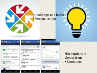 •Diet options to
choose from
• Reminders
•Health tips and hacks
•Personalization
 