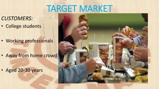 TARGET MARKET
CUSTOMERS:
• College students
• Working professionals
• Away from home crowd
• Aged 20-30 years
 