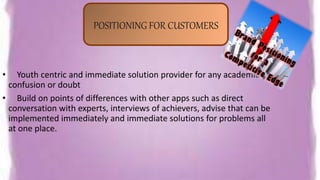 • Youth centric and immediate solution provider for any academic
confusion or doubt
• Build on points of differences with other apps such as direct
conversation with experts, interviews of achievers, advise that can be
implemented immediately and immediate solutions for problems all
at one place.
POSITIONING FOR CUSTOMERS
 
