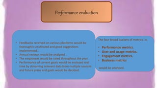 The four broad buckets of metrics i.e.
• Performance metrics.
• User and usage metrics.
• Engagement metrics.
• Business metrics
would be analysed.
• Feedbacks received on various platforms would be
thoroughly scrutinized and good suggestions
implemented..
• Annual reviews would be analyzed .
• The employees would be rated throughout the year.
• Performance of current goals would be analyzed real
time by streaming relevant data from multiple sources
and future plans and goals would be decided.
Performance evaluation
 