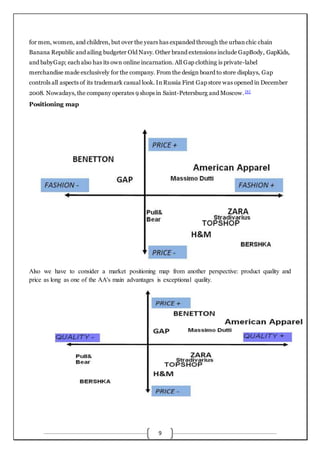 9
for men, women, and children, but over the years has expanded through the urbanchic chain
Banana Republic and ailing budgeter Old Navy. Other brand extensions include GapBody, GapKids,
and babyGap; each also has its own online incarnation. All Gap clothing is private-label
merchandise made exclusively for the company. From the design board to store displays, Gap
controls all aspects of its trademark casual look. InRussia First Gap store was opened in December
2008. Nowadays, the company operates 9 shops in Saint-Petersburg and Moscow.[6]
Positioning map
Also we have to consider a market positioning map from another perspective: product quality and
price as long as one of the AA's main advantages is exceptional quality.
 