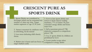 1. Sports Drinks are considered as
beverages which can be consumed any
number of times any time. Target
market segments of age 12-30 years
2. Attract consumers by attributes such
as refreshing, fun & natural
3. Less sweet defeating child obesity
threat.
4. Market size is lesser and can focus on
target markets easily
1. Govt to ban sports drinks and
remove it from school vending
machines, 77% of below 18 years
consumer energy drinks and hence
major loss
2. Sell at premium prices(2.75$)
relatively, compared to competitors
prices(~2$)
3. Use of sports drinks by children are
prohibited by Govt
4. Lesser market scope when
compared to energy drinks
CRESCENT PURE AS
SPORTS DRINK
 