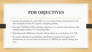 PDB OBJECTIVES
• Launch the product in early 2014, so as to create market dominance in the
fast emerging market for organic-energizing drinks.
• Invested 750000$ in 2014, primary objective is to recover that amount and
expand target markets if it earned profits.
• Manufactured 12000cases/month. Sell products at a retail price of 2.75$.
• To ensure distributor profitability, distributed products through only 3
distributors, to recover their investment of 34000$ per month during first
year.
 