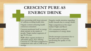 Less sweetening with lesser amount
of caffeine avoiding health risks
Organic content attracting health
conscious consumers
Crescent positioned itself as energy
drink already in the minds of
people. Target market segments of
age 18-34 years
PDB offers organic products at
affordable prices, thus offering
Crescent at 2.75$ when compared to
competitors who sell at 2.99$ on an
average
Negative media attention regarding
health hazards due to energy drinks
High competition in this target
market Fright and Razor
32% consumers reduced
consumption of energy drink
Doubt amongst consumers due to
low price rates of Crescent,
questioning the quality of the
product
CRESCENT PURE AS
ENERGY DRINK
 