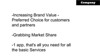 Company
-Increasing Brand Value -
Preferred Choice for customers
and partners
-Grabbing Market Share
-1 app, that's all you need for all
the basic Services
 