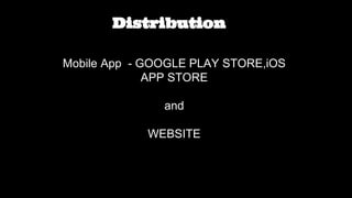 Distribution
Mobile App - GOOGLE PLAY STORE,iOS
APP STORE
and
WEBSITE
 