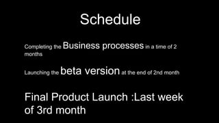 Schedule
Completing the Business processes in a time of 2
months
Launching the beta versionat the end of 2nd month
Final Product Launch :Last week
of 3rd month
 