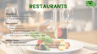 Restaurants
Geographic:
• Restaurants in targeted city.
• City geographic area.
Demographics
• Male and female.
• Single and families.
• Income generating restaurants.
• Tend to eat out at least once a week.
• Tend to patronize higher-quality restaurants.
Behavior factors
• Are health conscious.
• Enjoy a high-quality meal without the mess of making it themselves.
 
