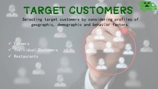 Target Customers
Selecting target customers by considering profiles of
geographic, demographic and behavior factors.
 Farmers
 Individual Customers
 Restaurants
 