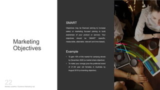 Marketing
Objectives
Objectives may be financial (aiming to increase
sales) or marketing focused (aiming to build
awareness of your product or service). Your
objectives should be ‘SMART’ (specific,
measurable, attainable, relevant and time-based).
SMART
Mariska Josefine | Dynamics Marketing Lab
22
• To gain 15% of the market for camping stoves
by December 2020 (a market share objective)
• To make your orange juice the preferred brand
of 21-29 year old females in Australia by
August 2019 (a branding objective).
Example
 