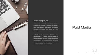 Mariska Josefine | Dynamics Marketing Lab
28
Paid Media
As the name suggests, it is any media activity or
publication that you pay for. It includes all the channels in
which money is paid to place message and control its
distribution.This includes both online and offline
advertising.
Paid media can help you promote your brand as you want
people to see it. It is a great opportunity to send out
relevant information about your business and let people
decide, based on that information, if they want to trust
your brand or try it. It can be a little tricky but Paid media
is the best way to build your brand’s image.
What you pay for
 